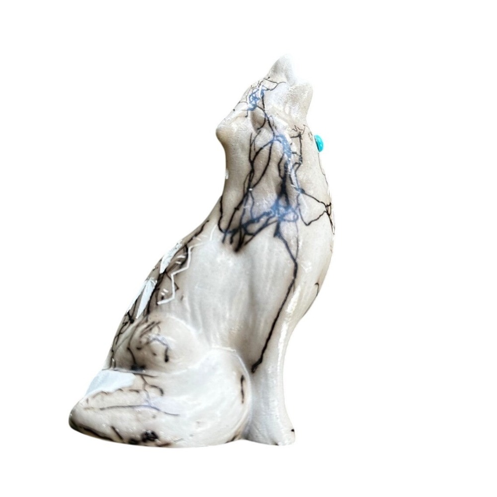 Vail Navajo Horsehair Pottery Howling Wolf Figurine Turquoise Eye Signed 4.5"